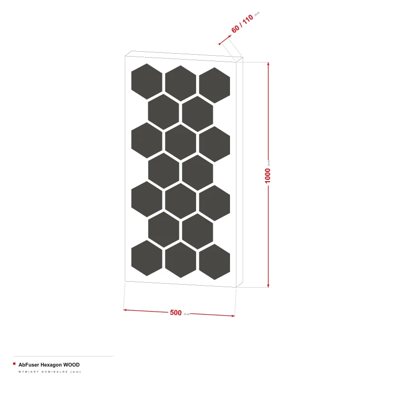 AbFuser Hexagon Wood - rysunek wymiarowy 100 × 50 cm, grubość 6/11 cm