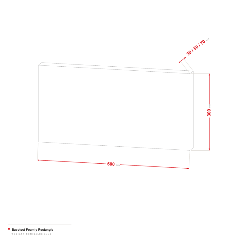 Basotect Foamly Rectangle — rysunek wymiarowy 600 × 300 mm, grubość 30/50/70 mm