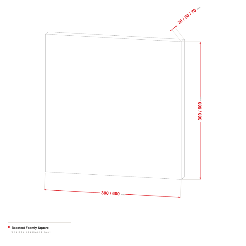 Basotect Foamly Square — rysunek wymiarowy 300/600 × 300/600 mm, grubość 30/50/70 mm