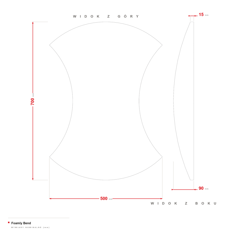 Foamly Bend — rysunek wymiarowy 500 × 700 mm, krawędź 15 mm, głębokość do 90 mm