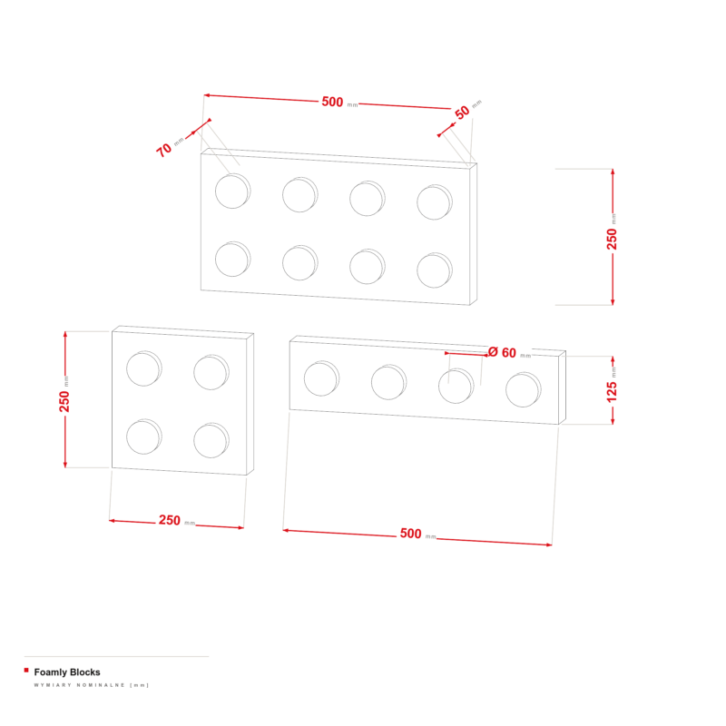 Foamly Blocks — rysunek wymiarowy modułów 250/500 × 125/250 mm