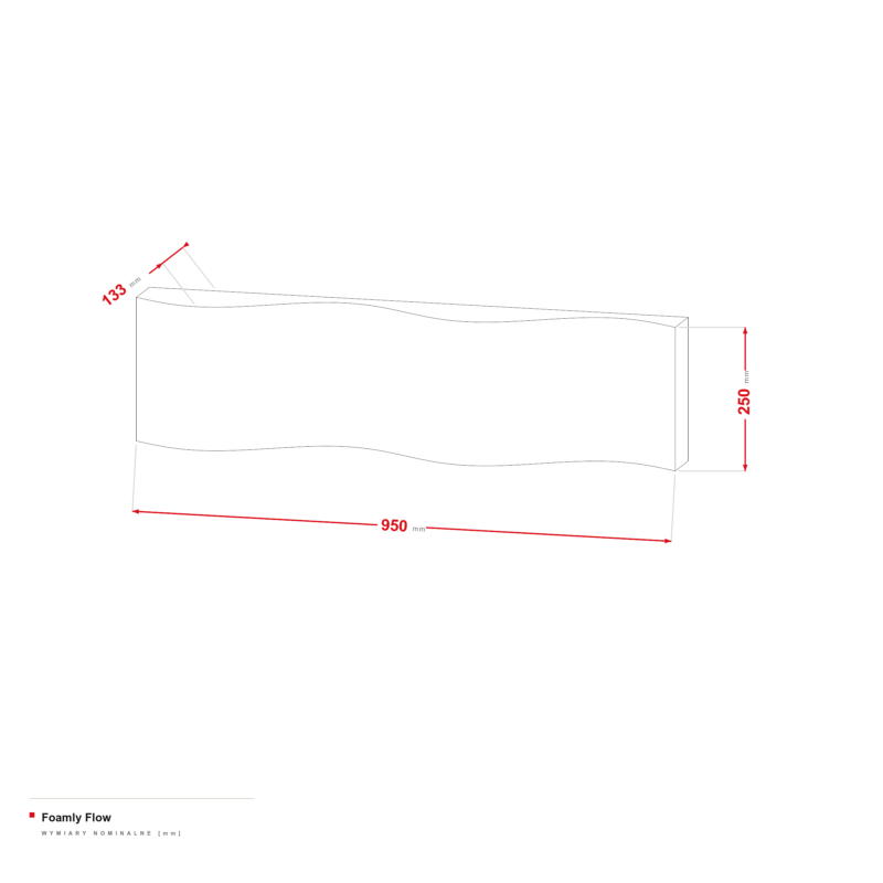 Foamly Flow — rysunek wymiarowy 950 × 250 mm, profil 38–133 mm