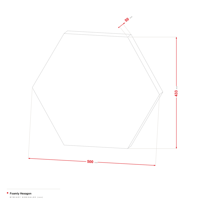 Foamly Hexagon — rysunek wymiarowy 500 × 433 mm, grubość 50 mm