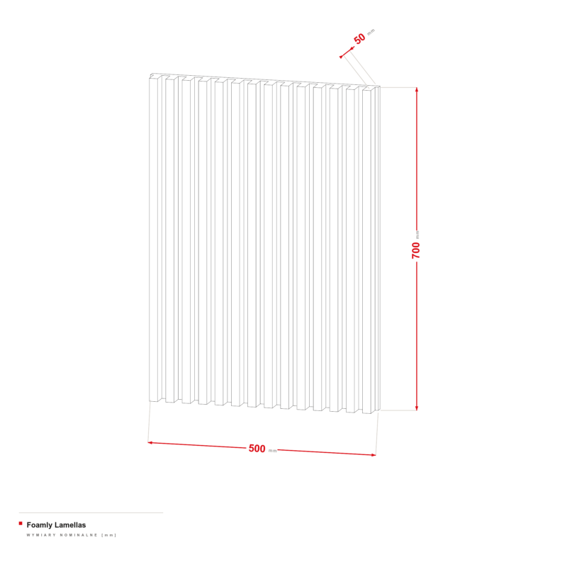 Foamly Lamellas — rysunek wymiarowy 500 × 700 × 50 mm, lamele 18/36 mm