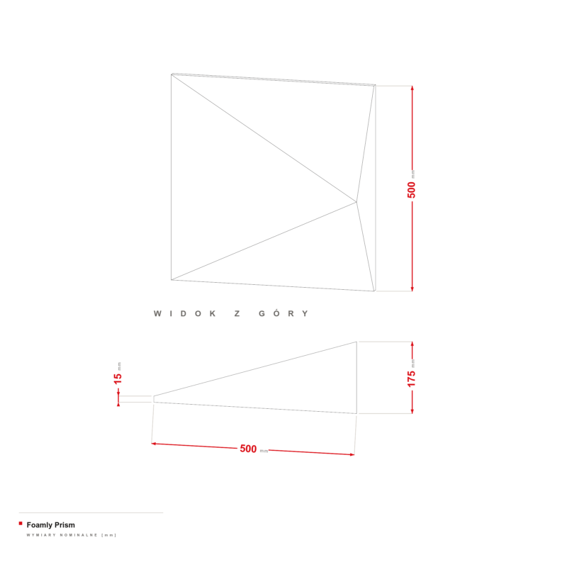 Foamly Prism — rysunek wymiarowy 500 × 500 mm, wysokość 175 mm