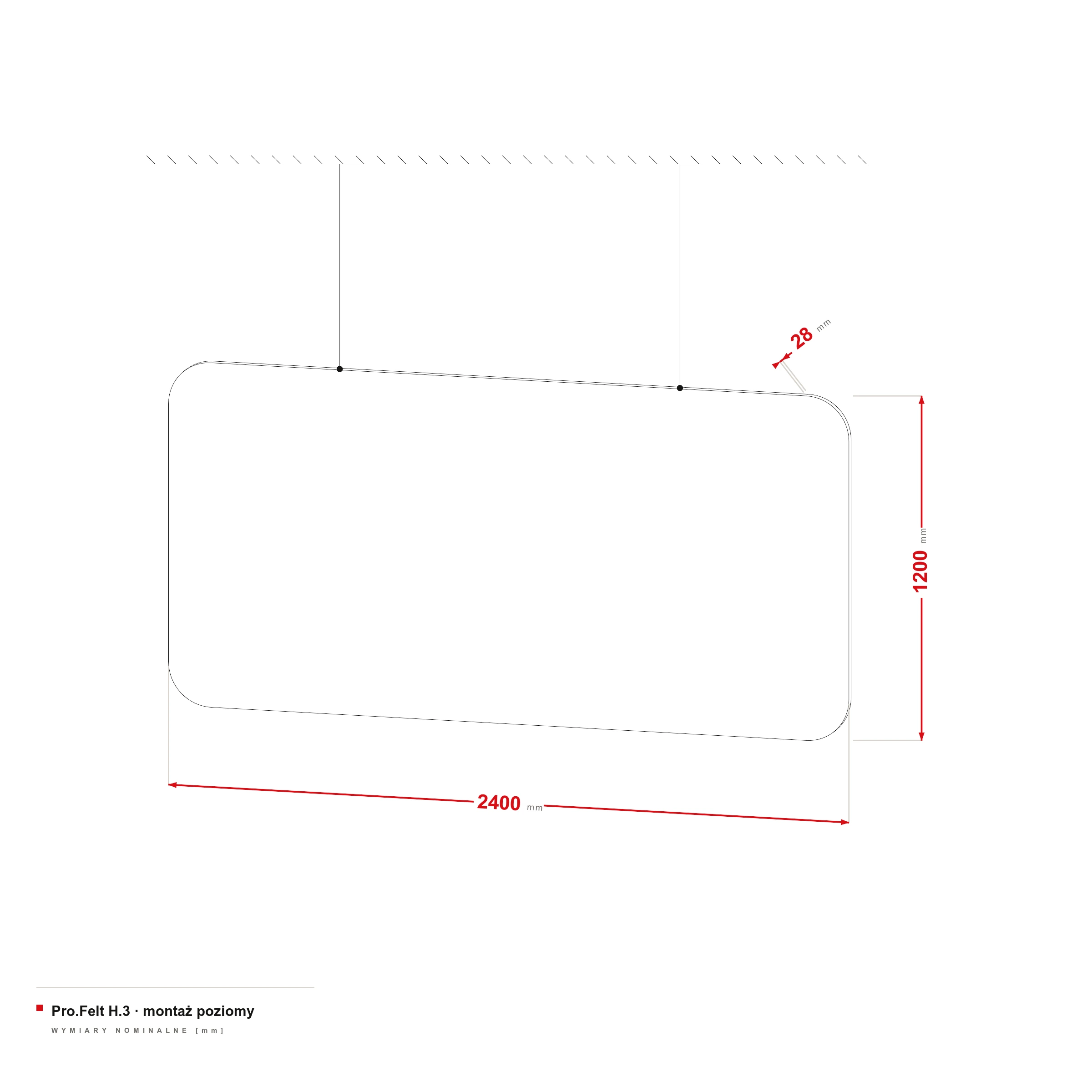 Hanging Acoustic Panel Pro.Felt H.3 — dimensional drawing, Horizontal mounting