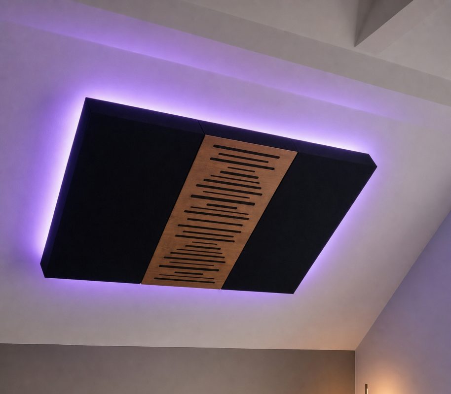 Panel akustyczny na suficie z fioletową łuną podświetlenia Aura LED ukrytego za panelem