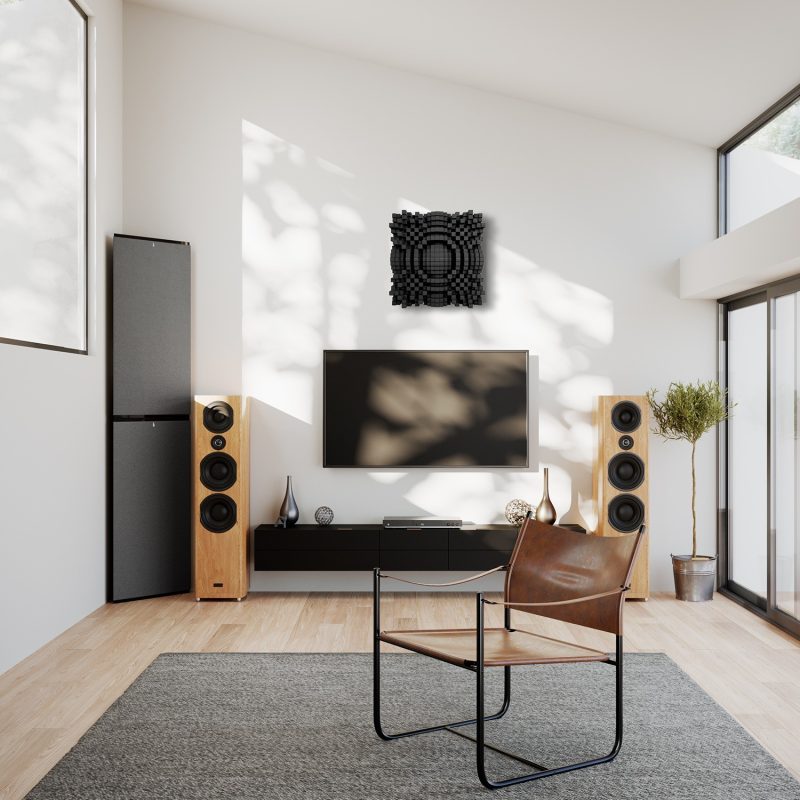 Dyfuzor 2D Skyline City nad telewizorem w pokoju Hi-Fi z kolumnami