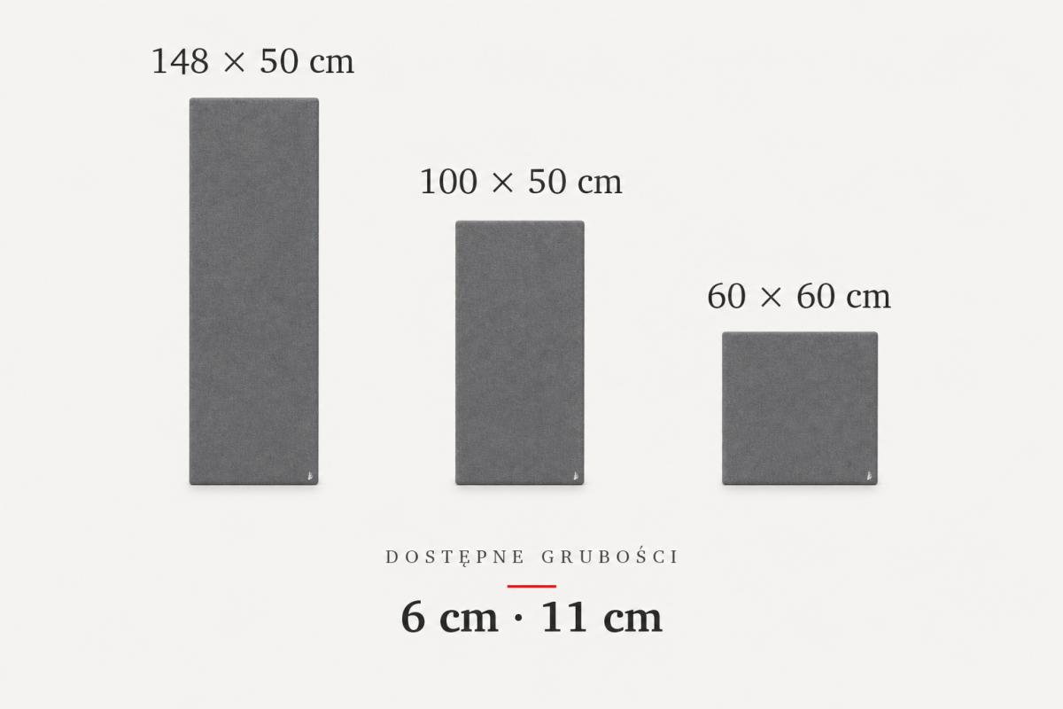 Dostępne formaty Obrazu Akustycznego: 148x50 cm, 100x50 cm i 60x60 cm, grubości 6 i 11 cm