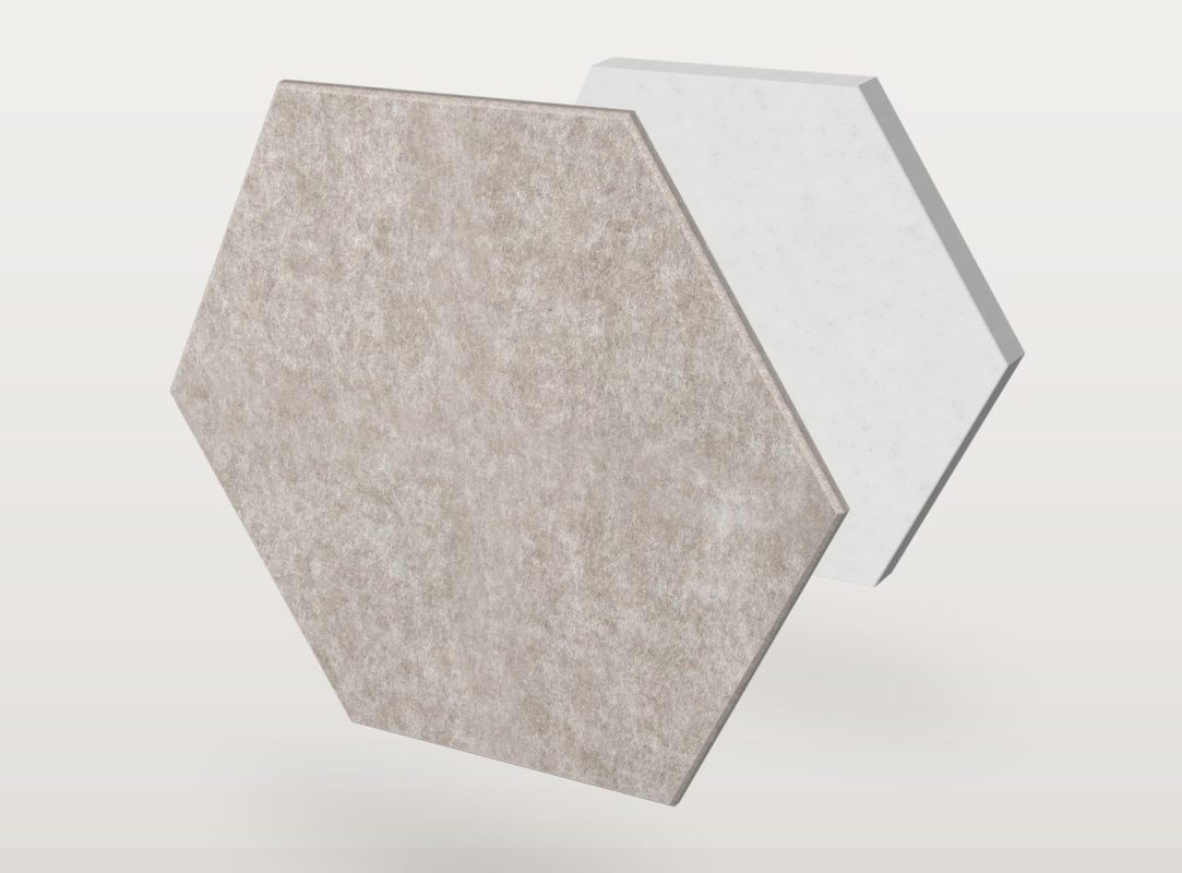 Panel akustyczny Pro.Felt E.5 Hexagon w kształcie sześciokąt, rozłożony na dwie warstwy: filc akustyczny Pro.Felt z przodu i pianka Basotect z tyłu
