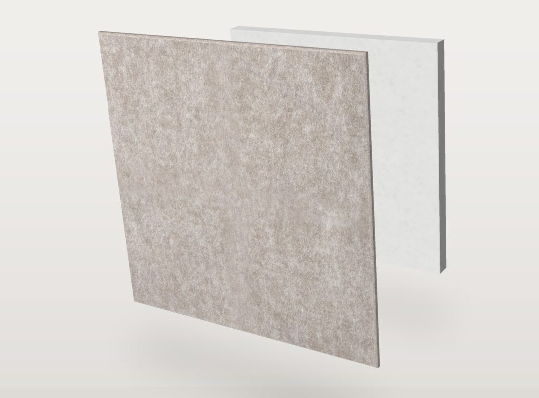 Panel akustyczny Pro.Felt E.4 Square w kształcie kwadrat, rozłożony na dwie warstwy: filc akustyczny Pro.Felt z przodu i pianka Basotect z tyłu