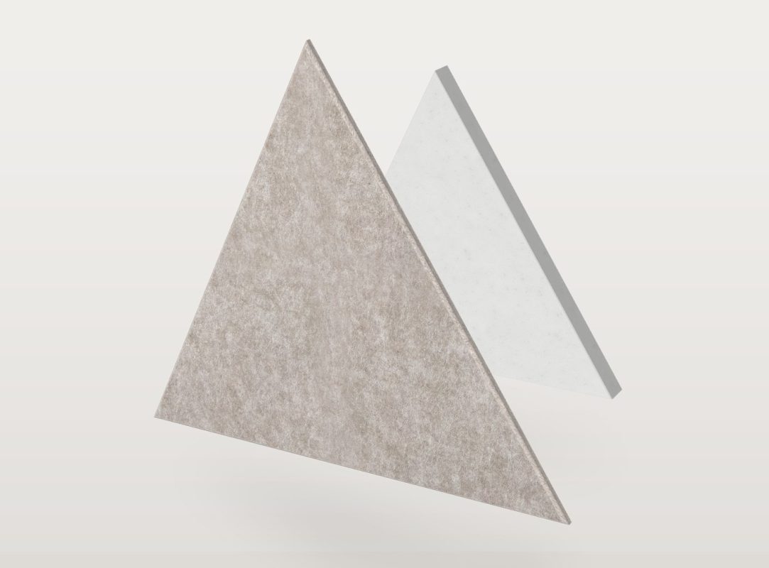 Panel akustyczny Pro.Felt E.3 Triangle w kształcie trójkąt, rozłożony na dwie warstwy: filc akustyczny Pro.Felt z przodu i pianka Basotect z tyłu